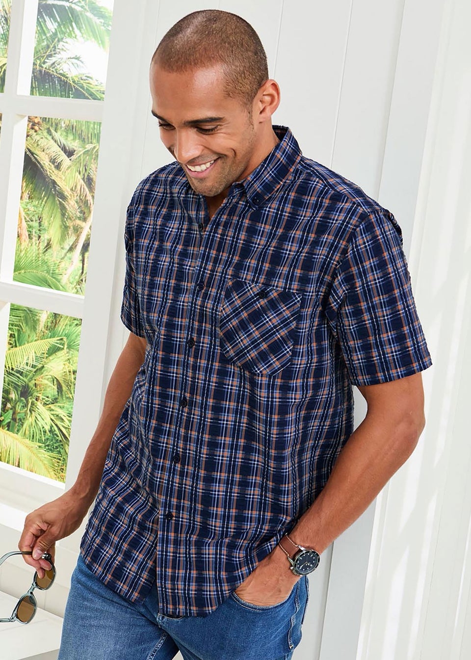 Cotton Traders Pastel Blue Check Seersucker Shirt