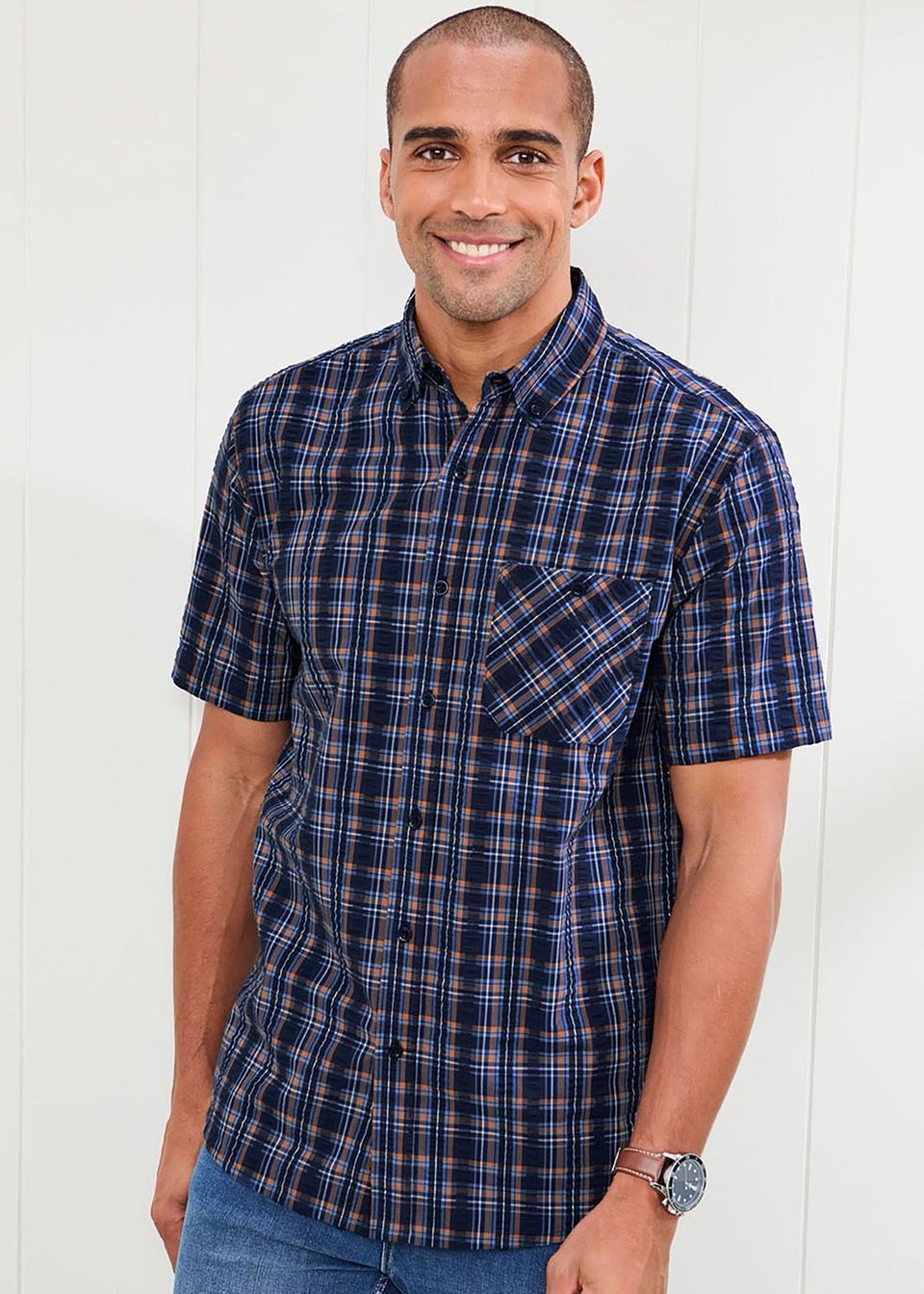 Cotton Traders Pastel Blue Check Seersucker Shirt