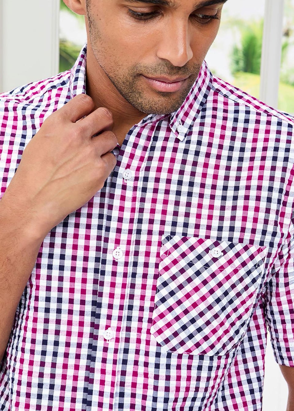 Cotton Traders Soft Pink Check Seersucker Shirt
