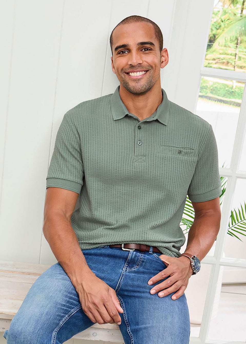 Cotton Traders Sage Seersucker Polo Shirt