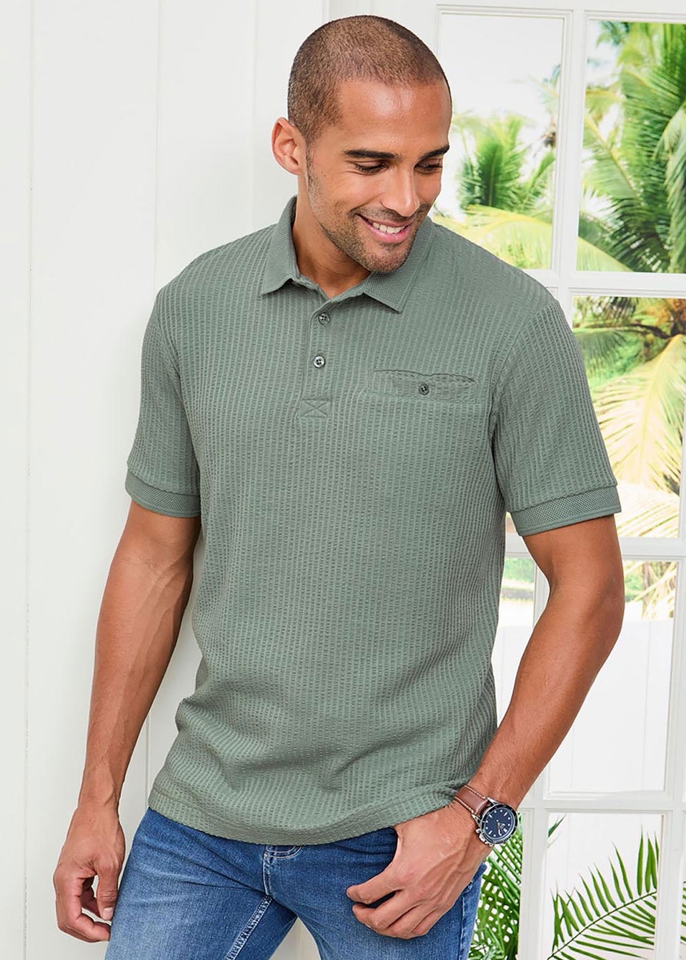 Cotton Traders Sage Seersucker Polo Shirt