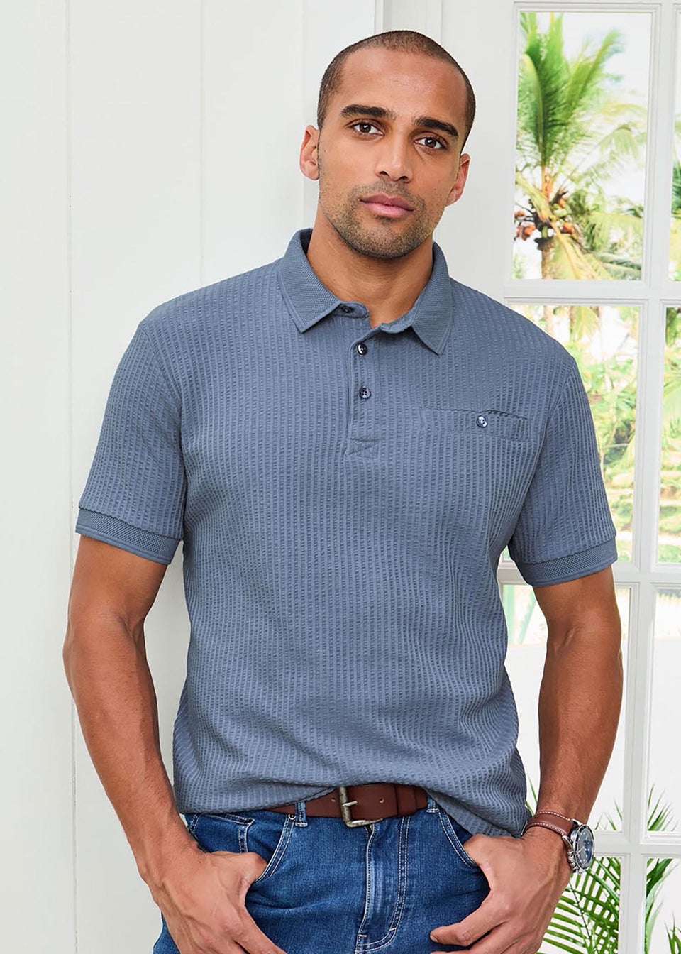 Cotton Traders Cobalt Seersucker Polo Shirt
