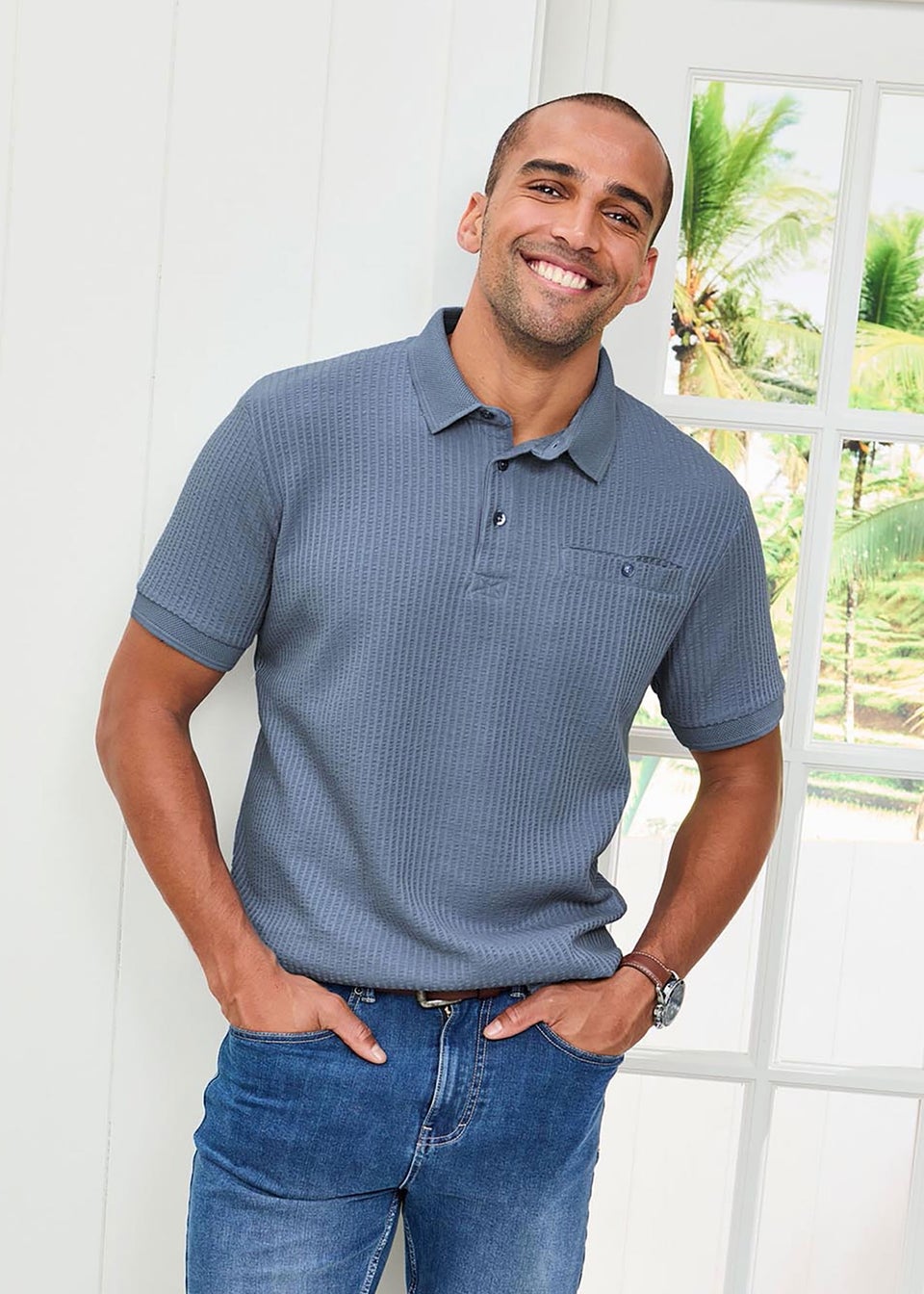 Cotton Traders Cobalt Seersucker Polo Shirt