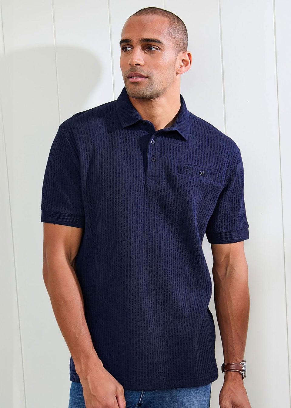Cotton Traders Pastel Blue Seersucker Polo Shirt
