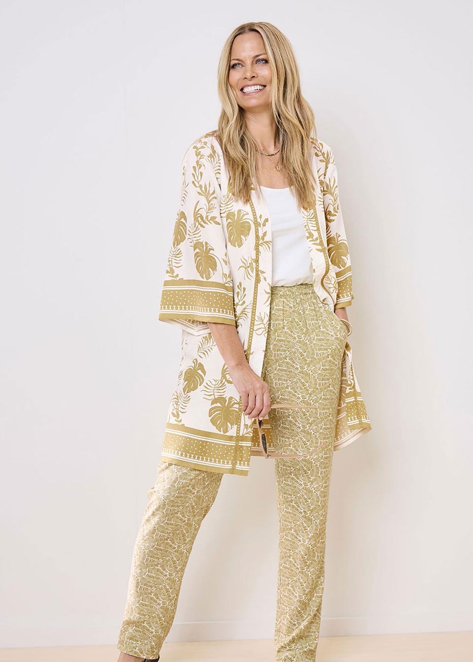 Cotton Traders Warm Cream Long Printed Kimono