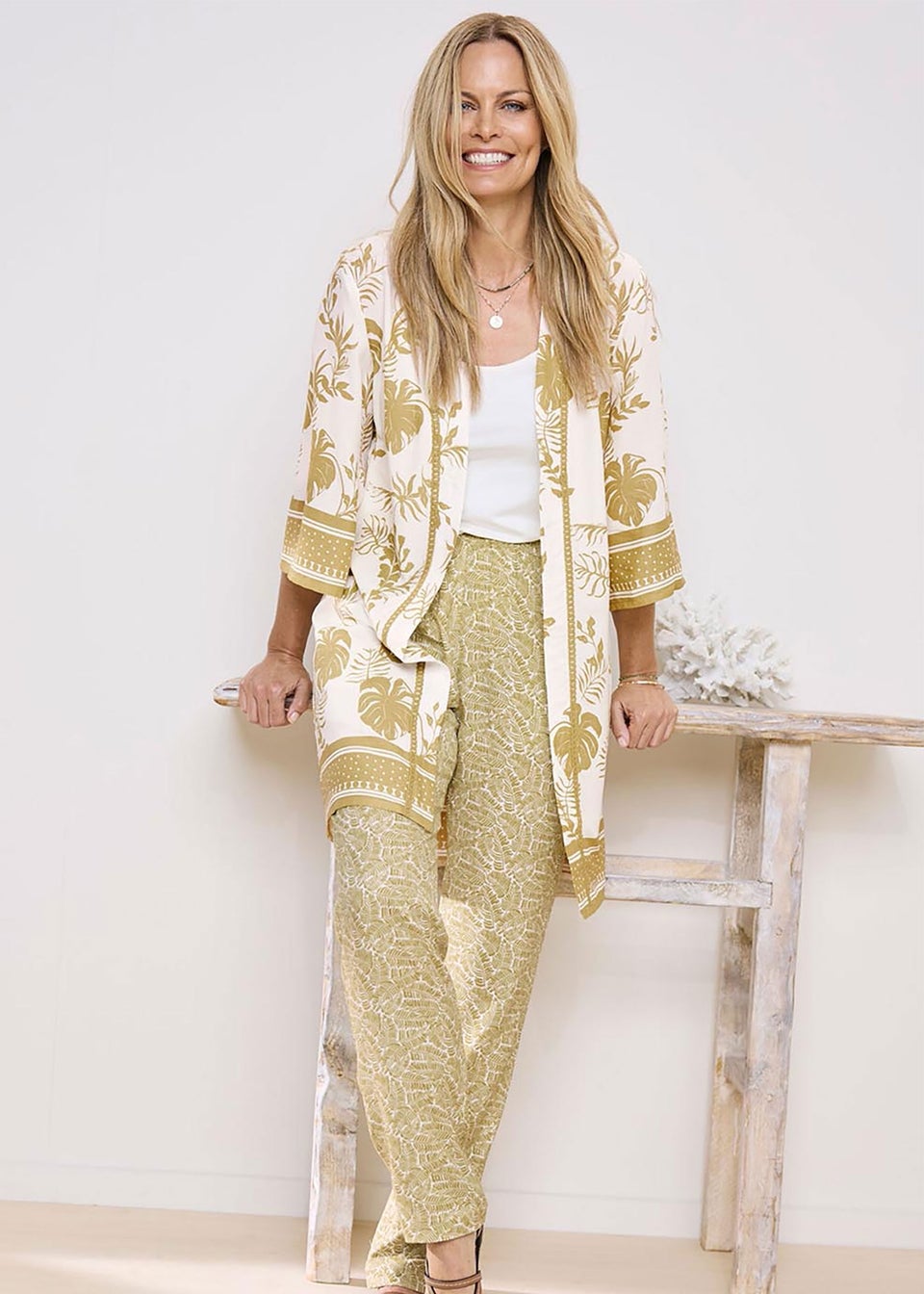 Cotton Traders Warm Cream Long Printed Kimono