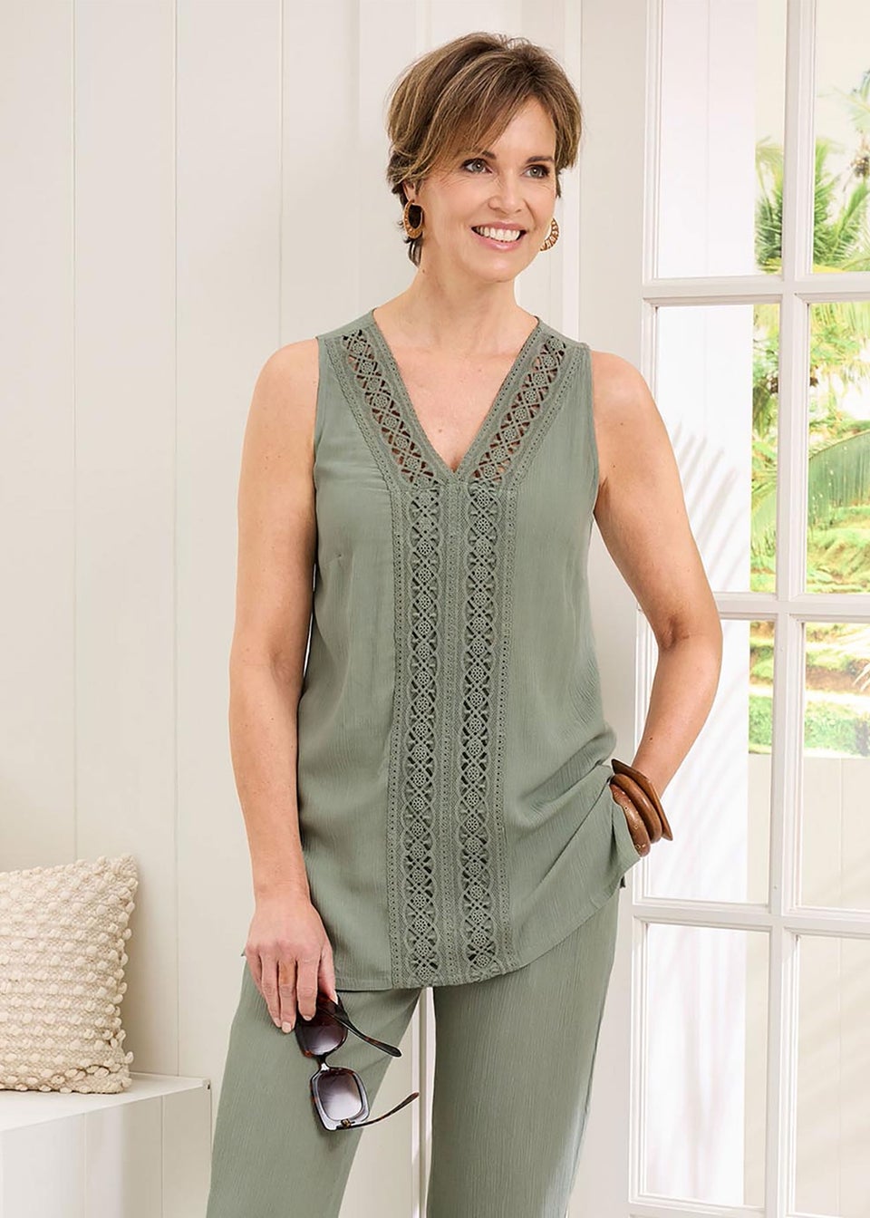 Cotton Traders Grey Green Lace Trim Crinkle Vest