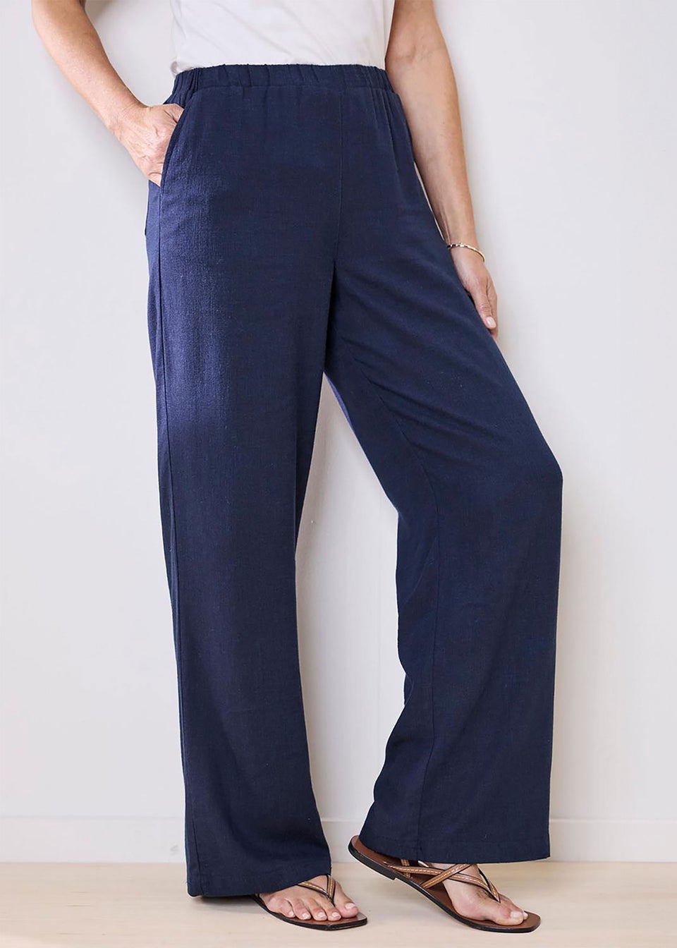 Cotton Traders Dark Blue Viscose Linen Blend Trousers