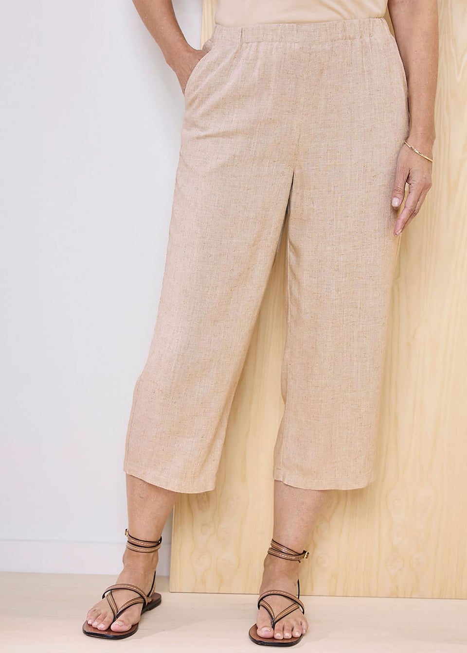 Cotton Traders Ecru Viscose Linen Blend Crop Trousers