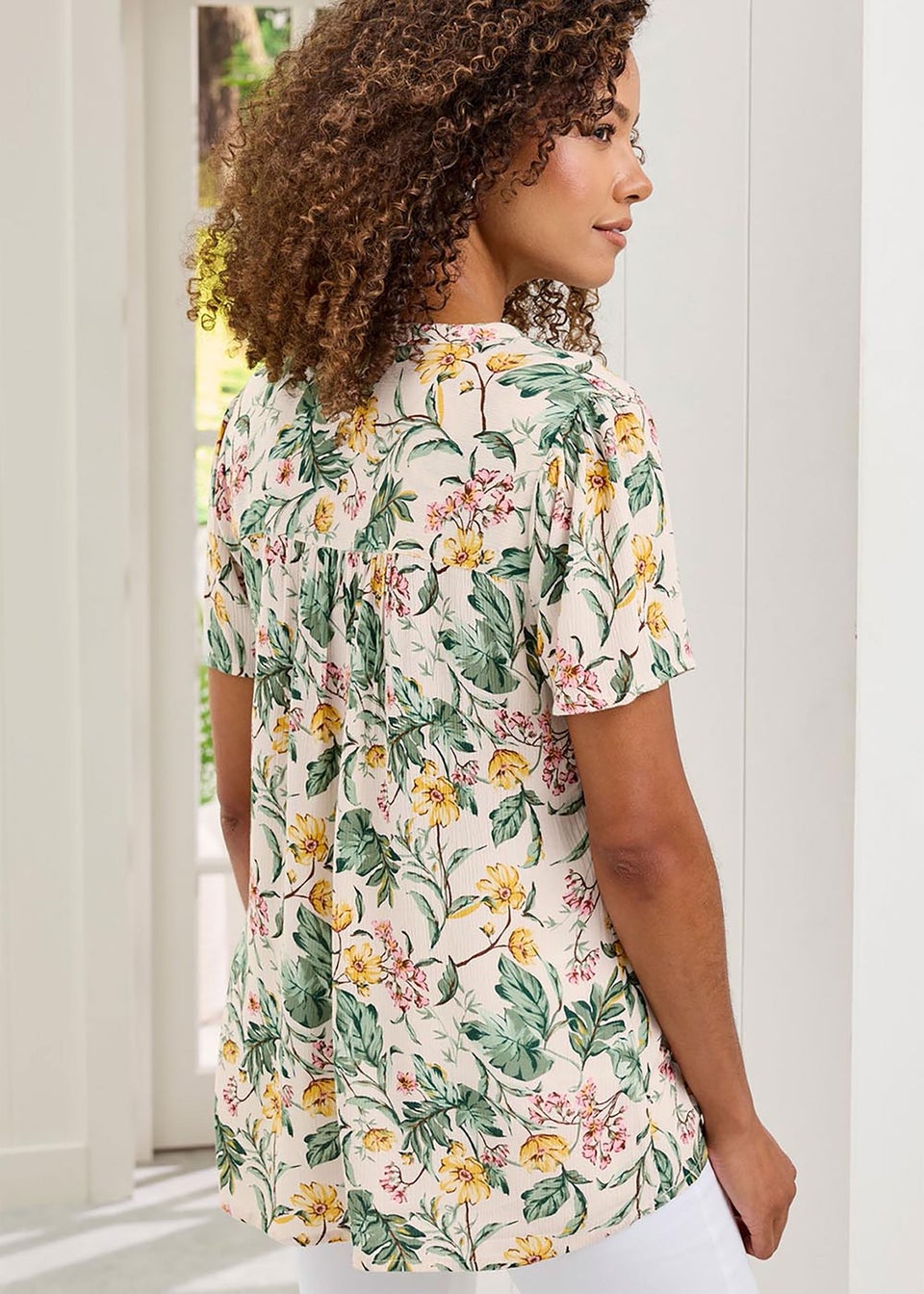 Cotton Traders Warm Cream Printed Crinkle Top