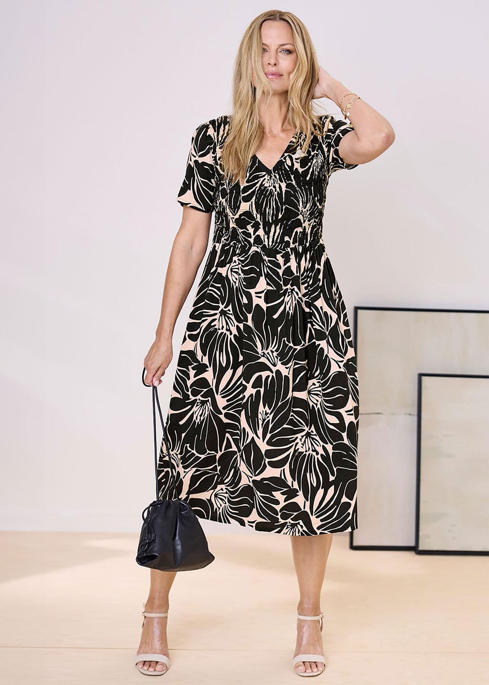 Cotton Traders Black V Neck Printed Midi Dress