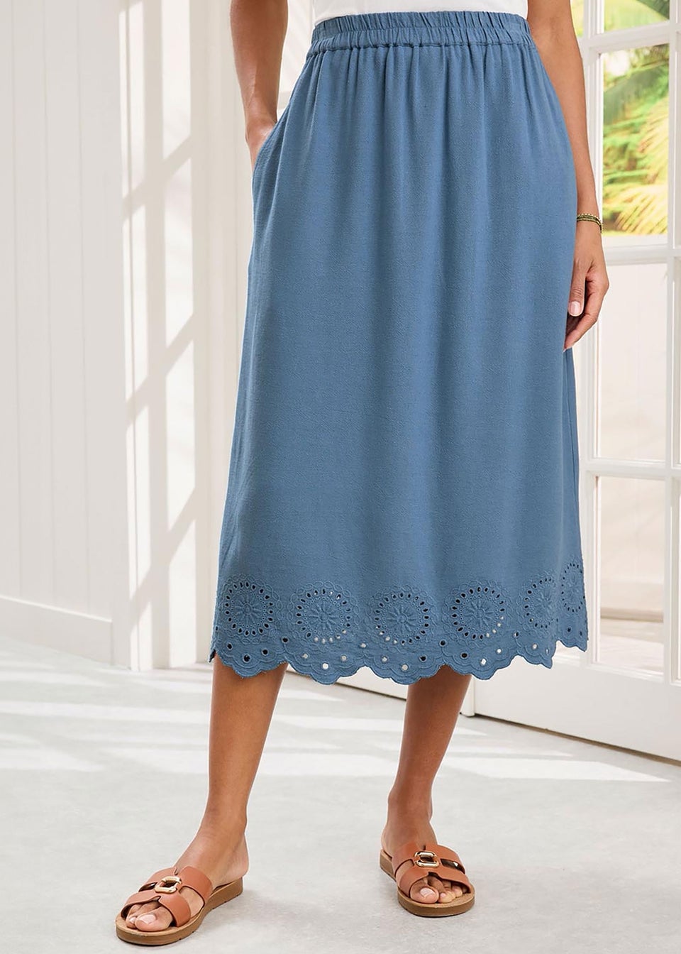 Cotton Traders Dark Blue Pull On Cut Work Midi Skirt