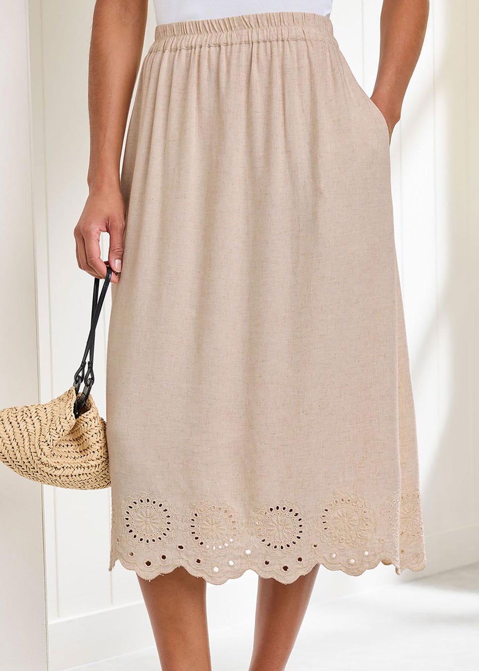 Cotton Traders Ecru Pull On Cut Work Midi Skirt