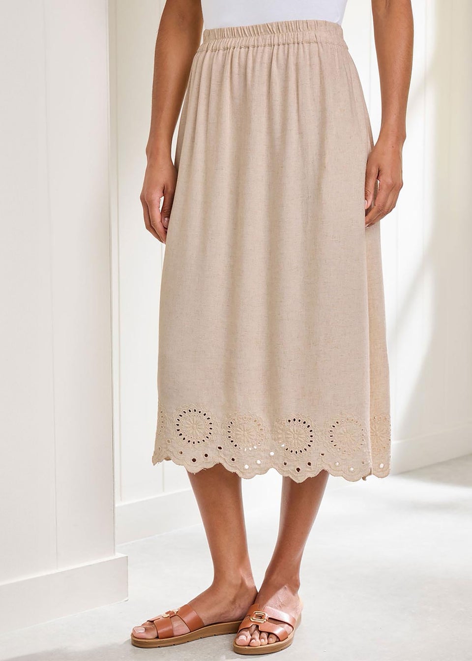 Cotton Traders Ecru Pull On Cut Work Midi Skirt