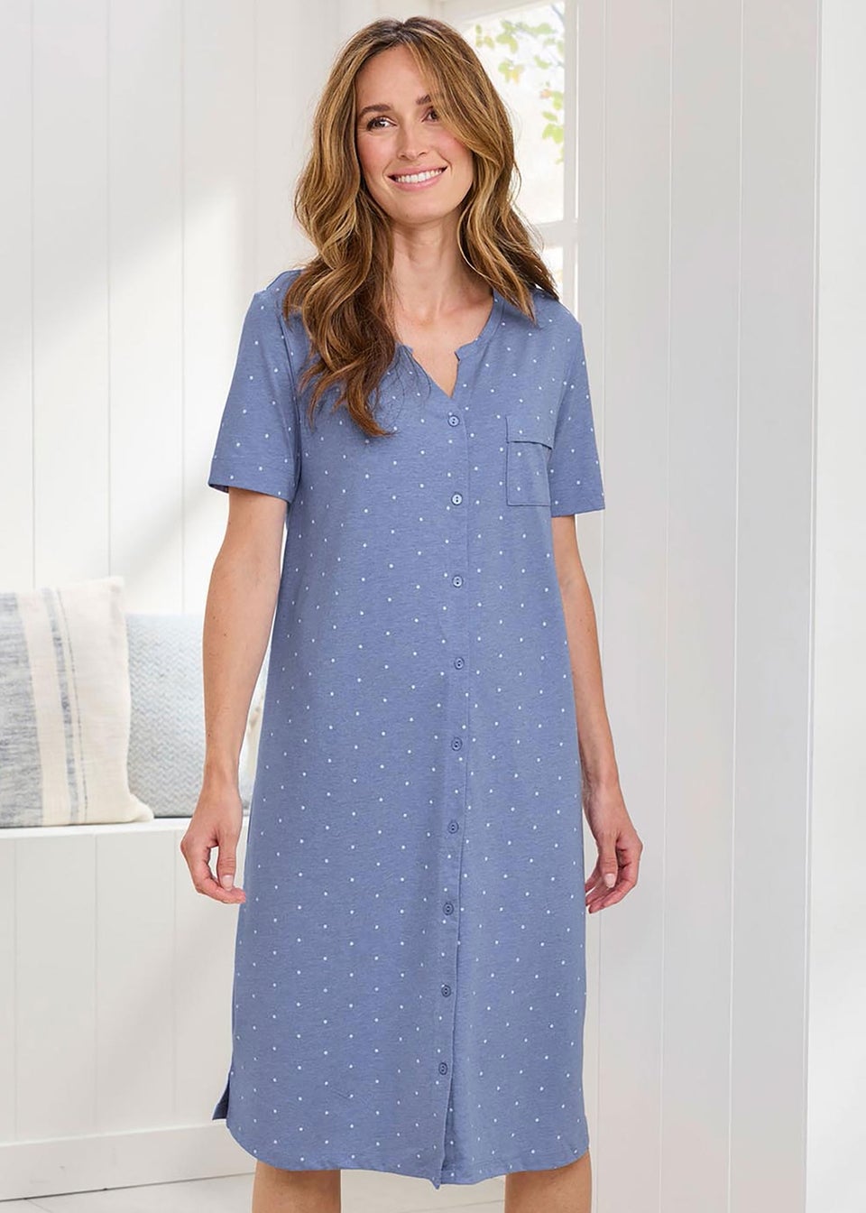 Cotton Traders Light Blue Jersey Button Through Nightdress