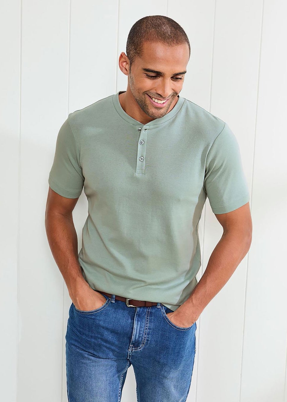 Cotton Traders Green Short Sleeve Grandad Base Layer Top