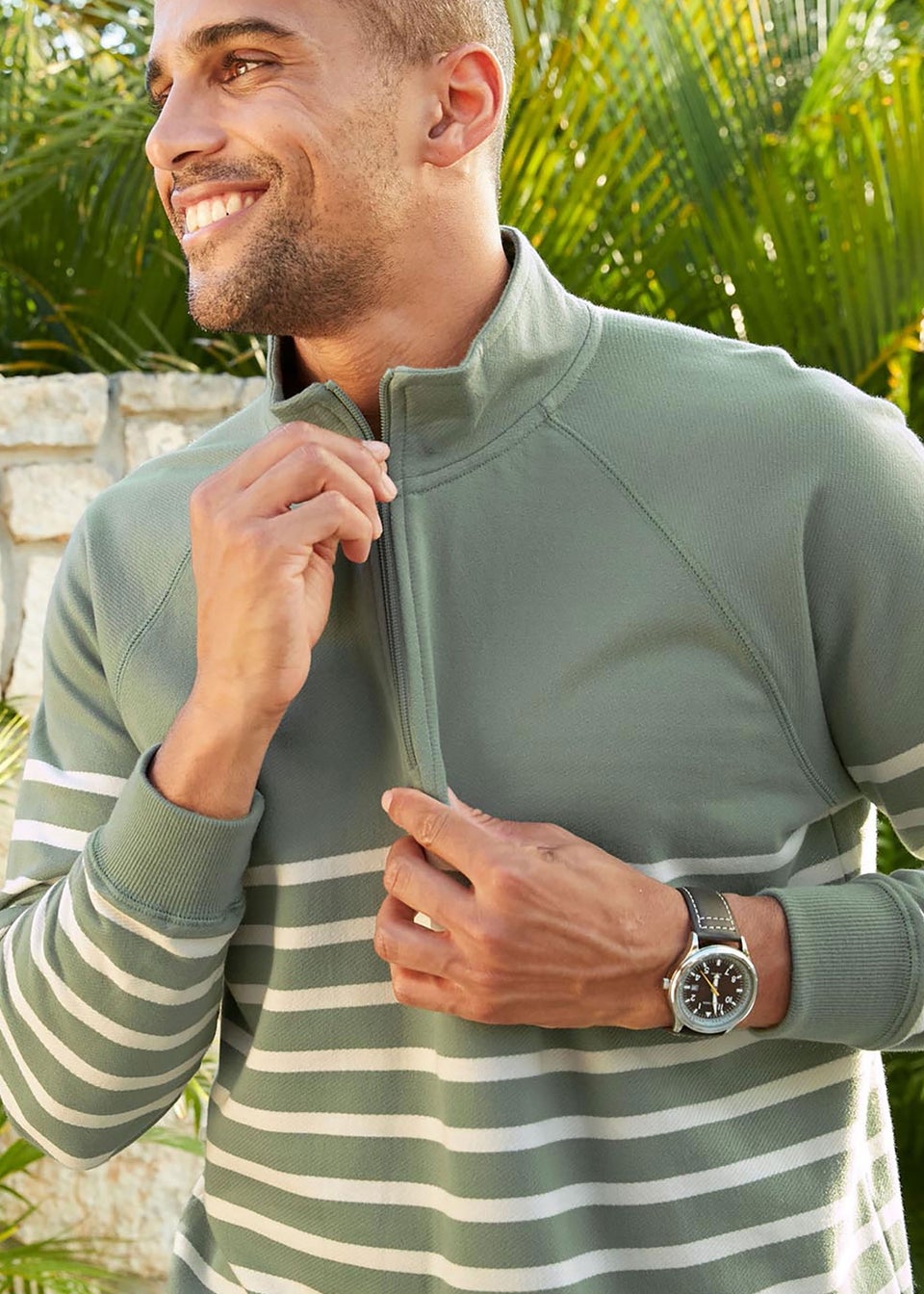 Cotton Traders Green Stripe Half Zip Sweatshirt