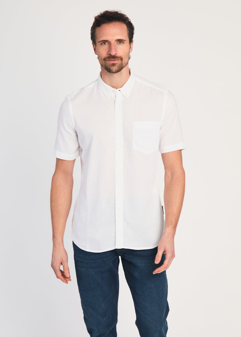 French Connection White Linen Blend Short Sleeve Chest Pocket Shirt