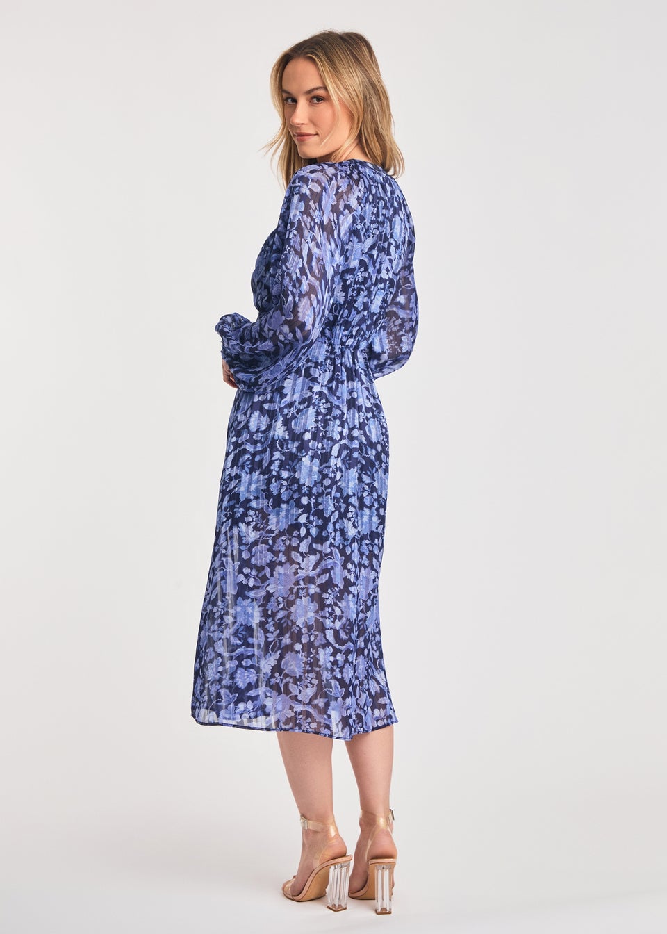 French Connection Blue Long Sleeve Shirred Floral Midi Dress