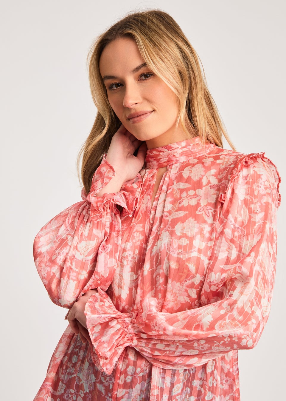 French Connection Pink High Neck Long Sleeve Floral Frill Keyhole Blouse