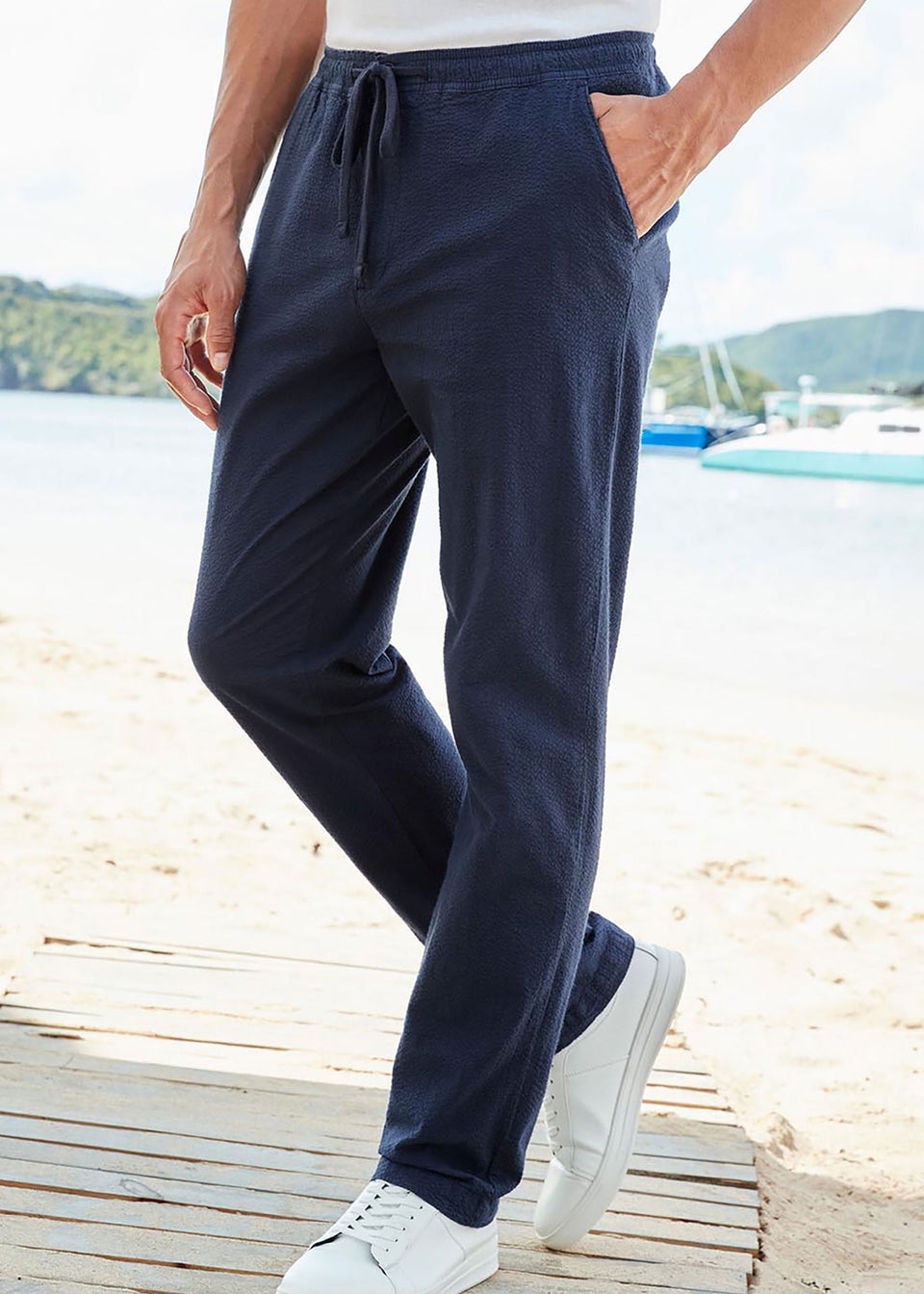 Cotton Traders Dark Blue Stretch Seersucker Trousers