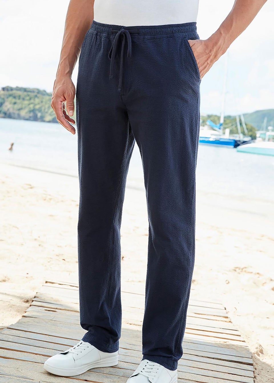 Cotton Traders Dark Blue Stretch Seersucker Trousers