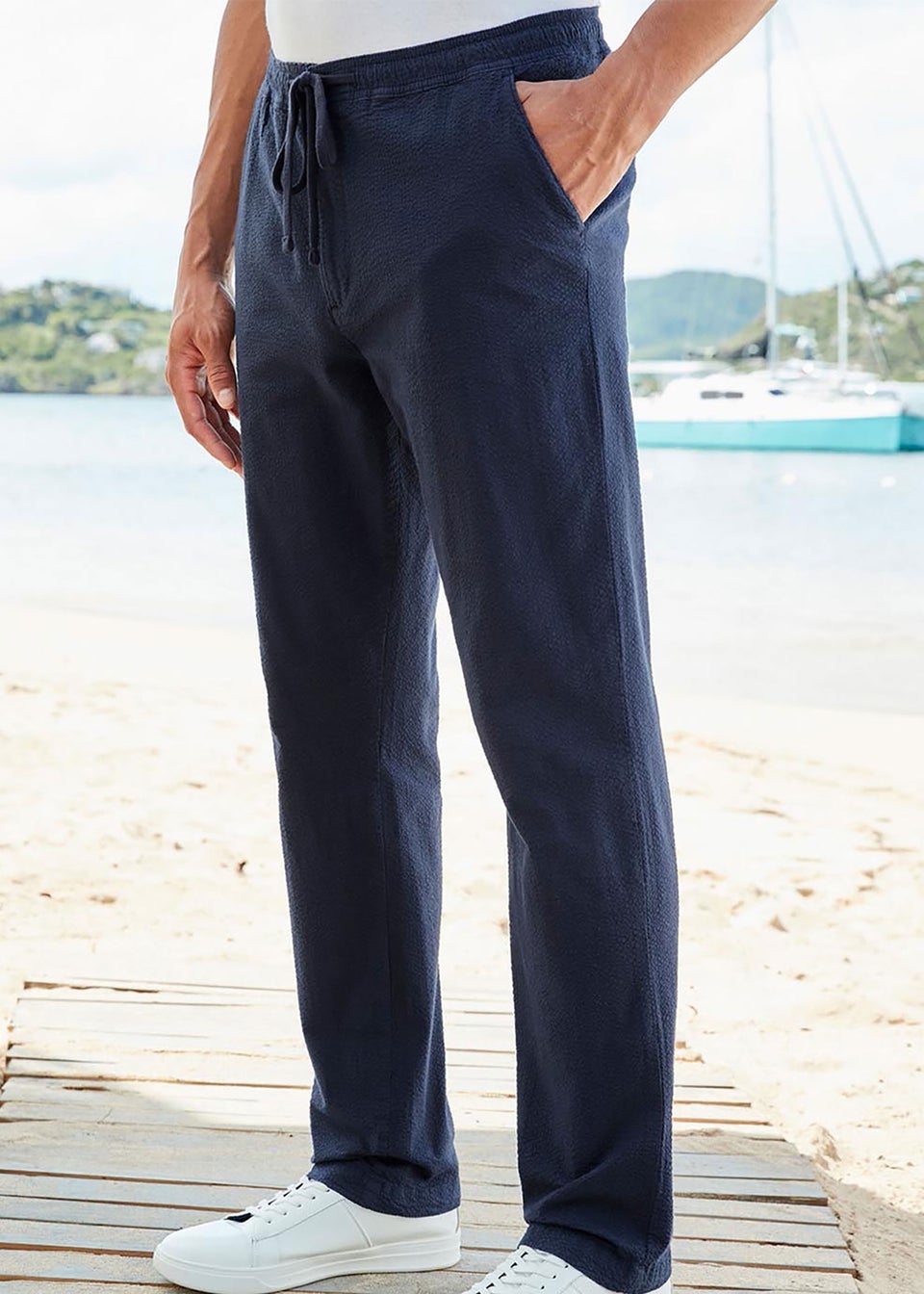 Cotton Traders Dark Blue Stretch Seersucker Trousers