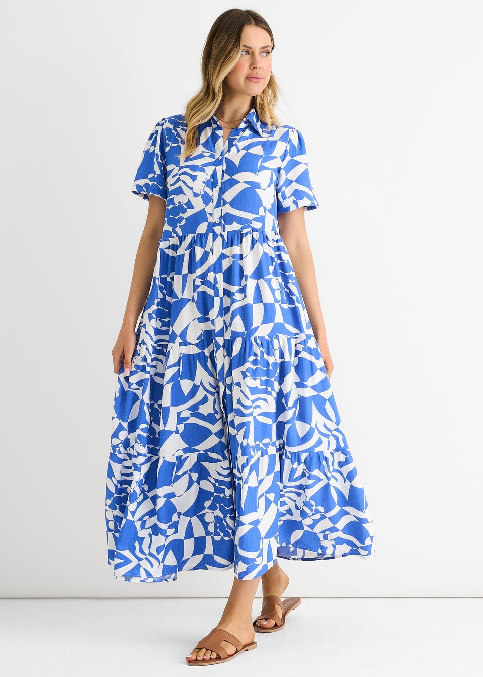 Gini London Blue Aztec Print Oversized Smock Midi Dress
