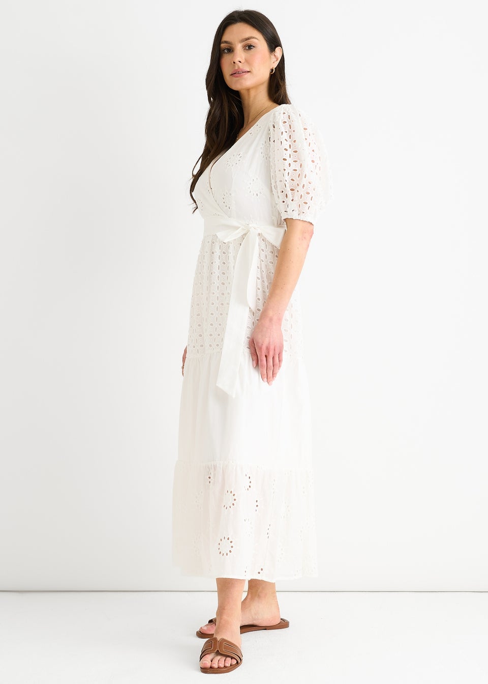Gini London White Wrap Broderie Cotton Belted Midi Dress