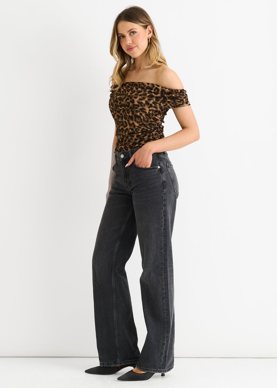 Gini London Brown Animal Print Bardot Jersey Top