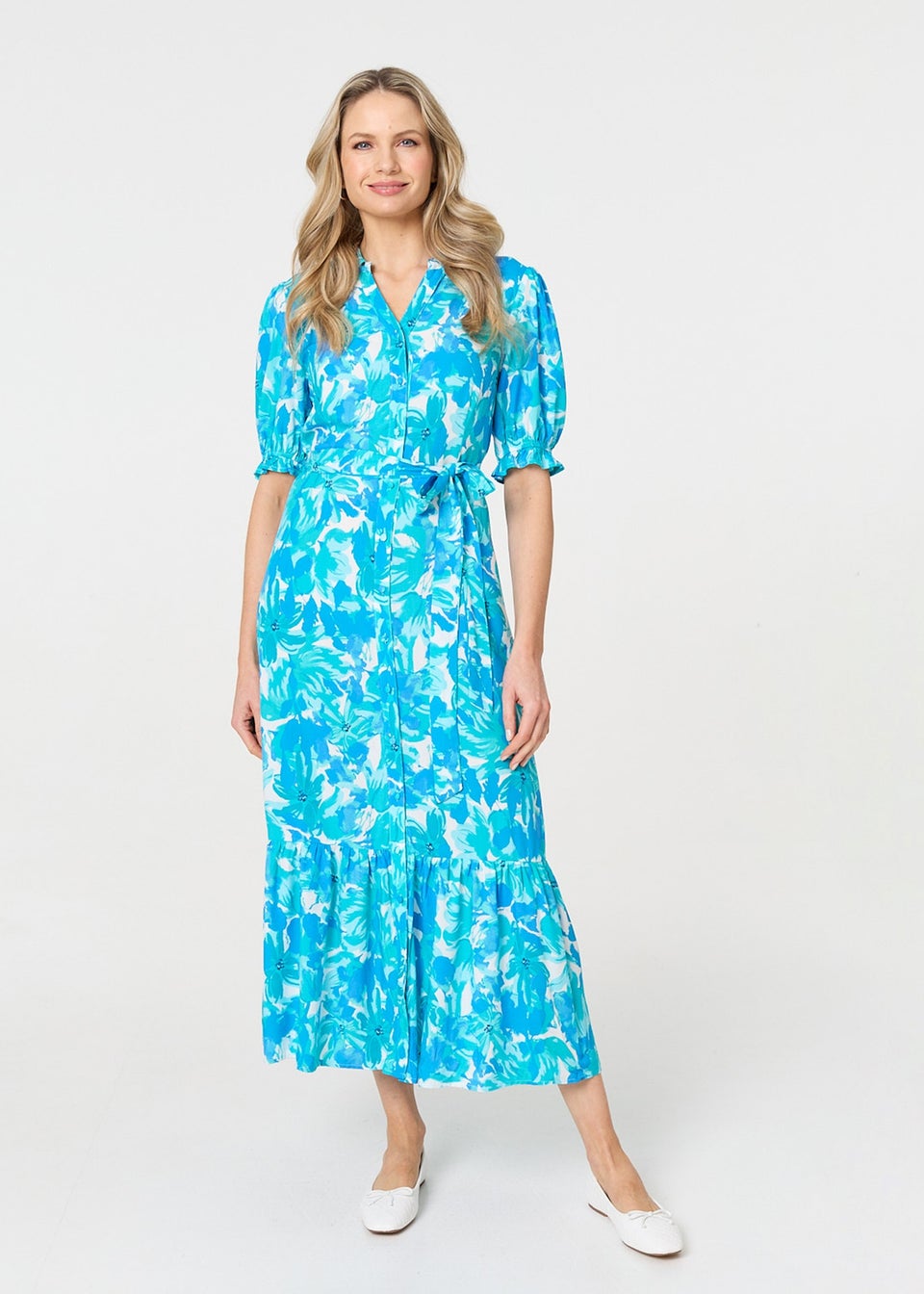 Izabel London Blue Printed 1/2 Puff Sleeve Tie Waist Maxi Dress