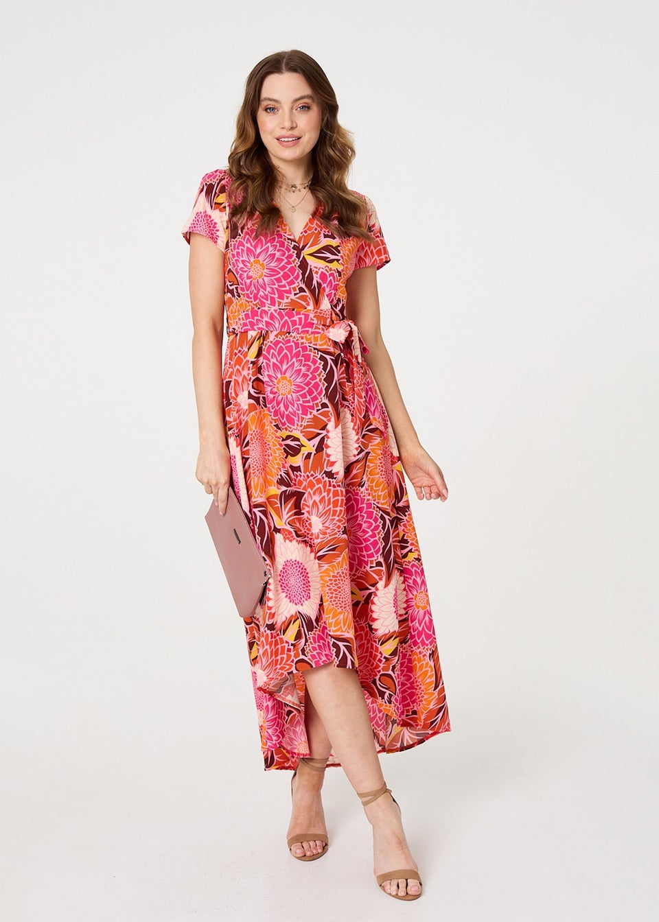 Izabel London Pink Floral Short Sleeve Tie Waist Midi Dress