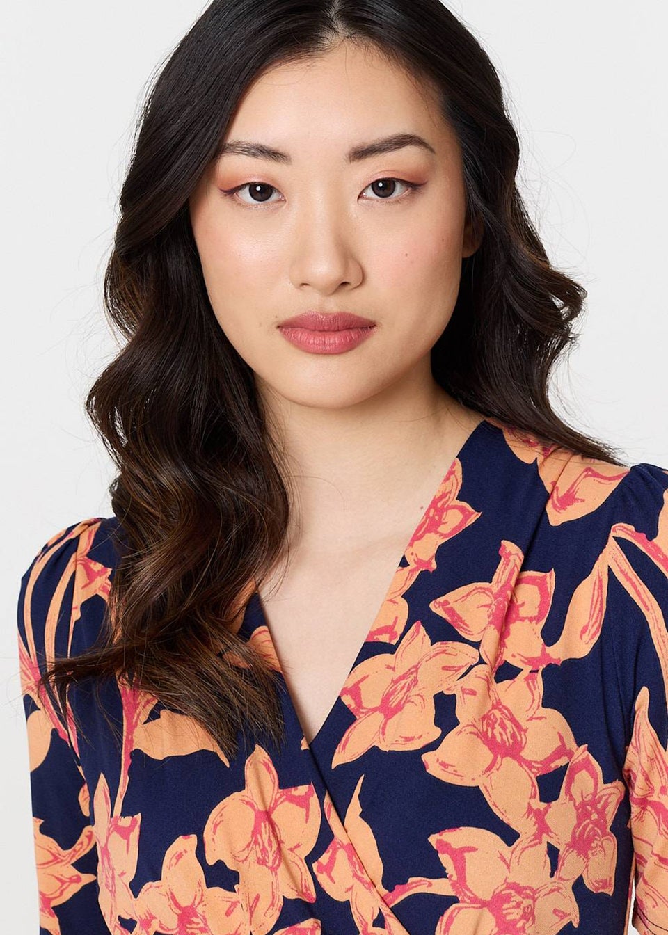 Izabel London Navy Floral 1/2 Sleeve Faux Wrap Midi Dress