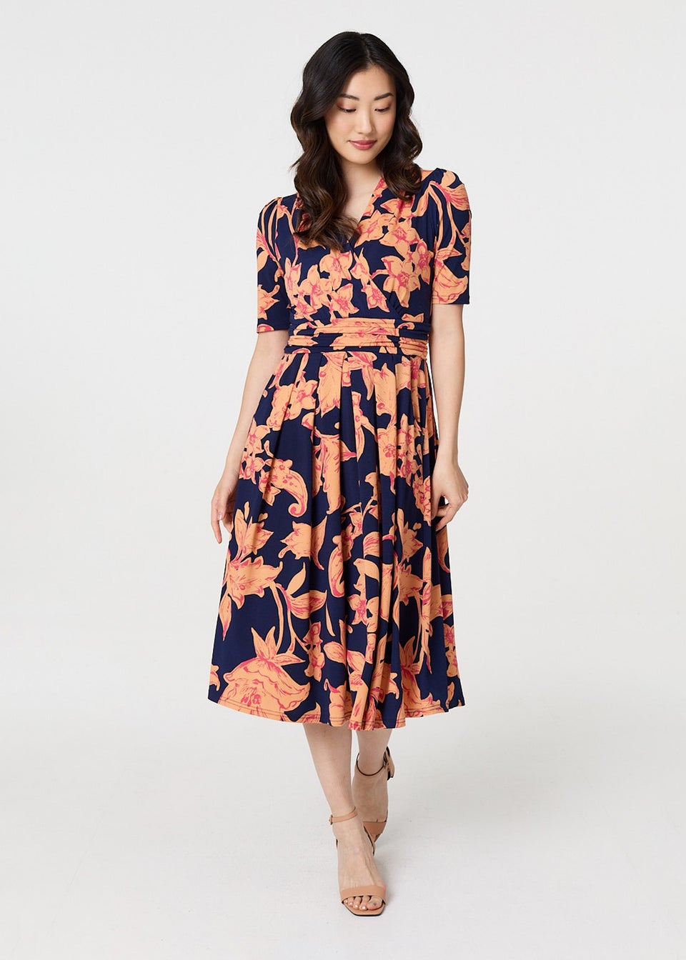 Izabel London Navy Floral 1/2 Sleeve Faux Wrap Midi Dress