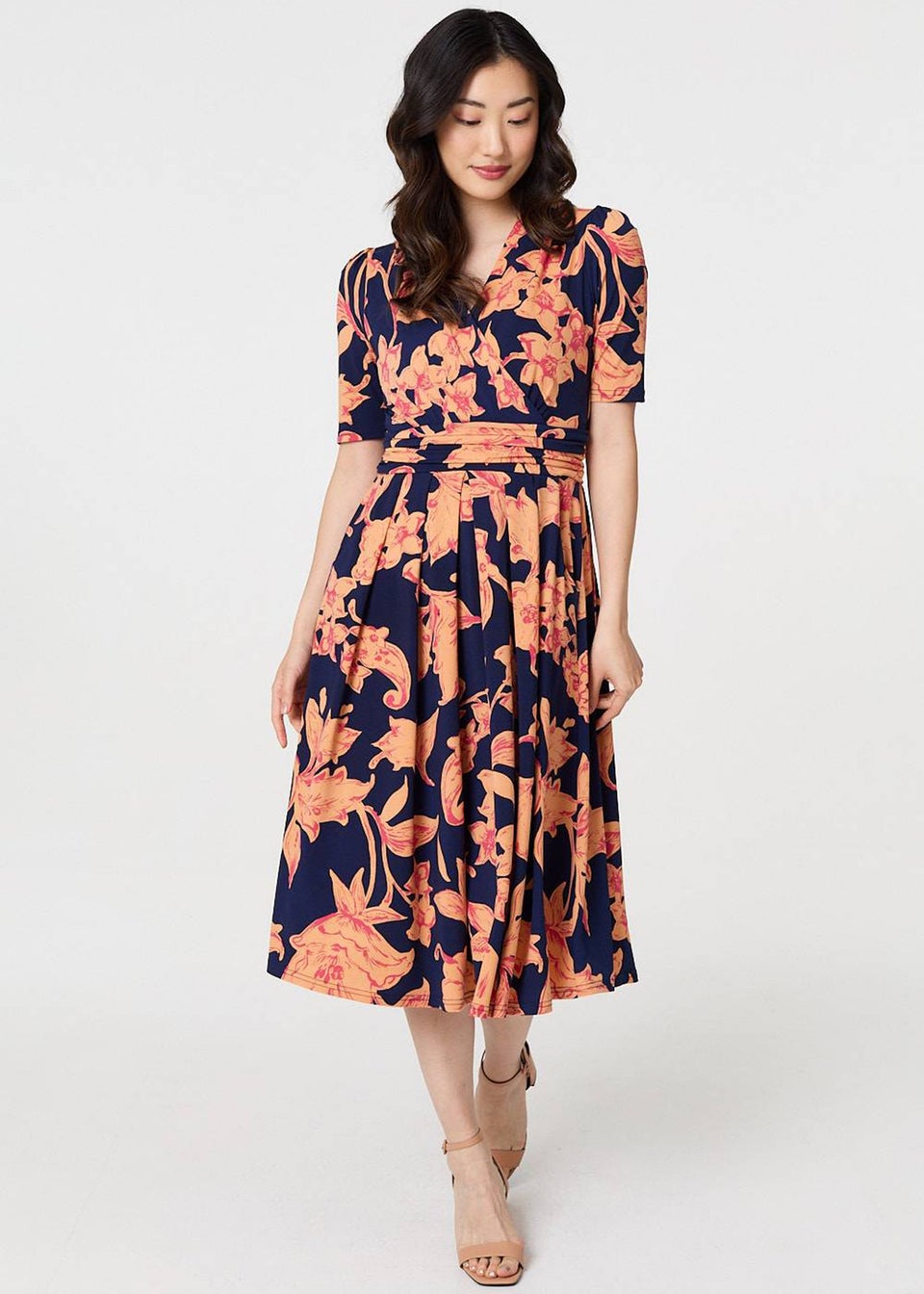 Izabel London Navy Floral 1/2 Sleeve Faux Wrap Midi Dress