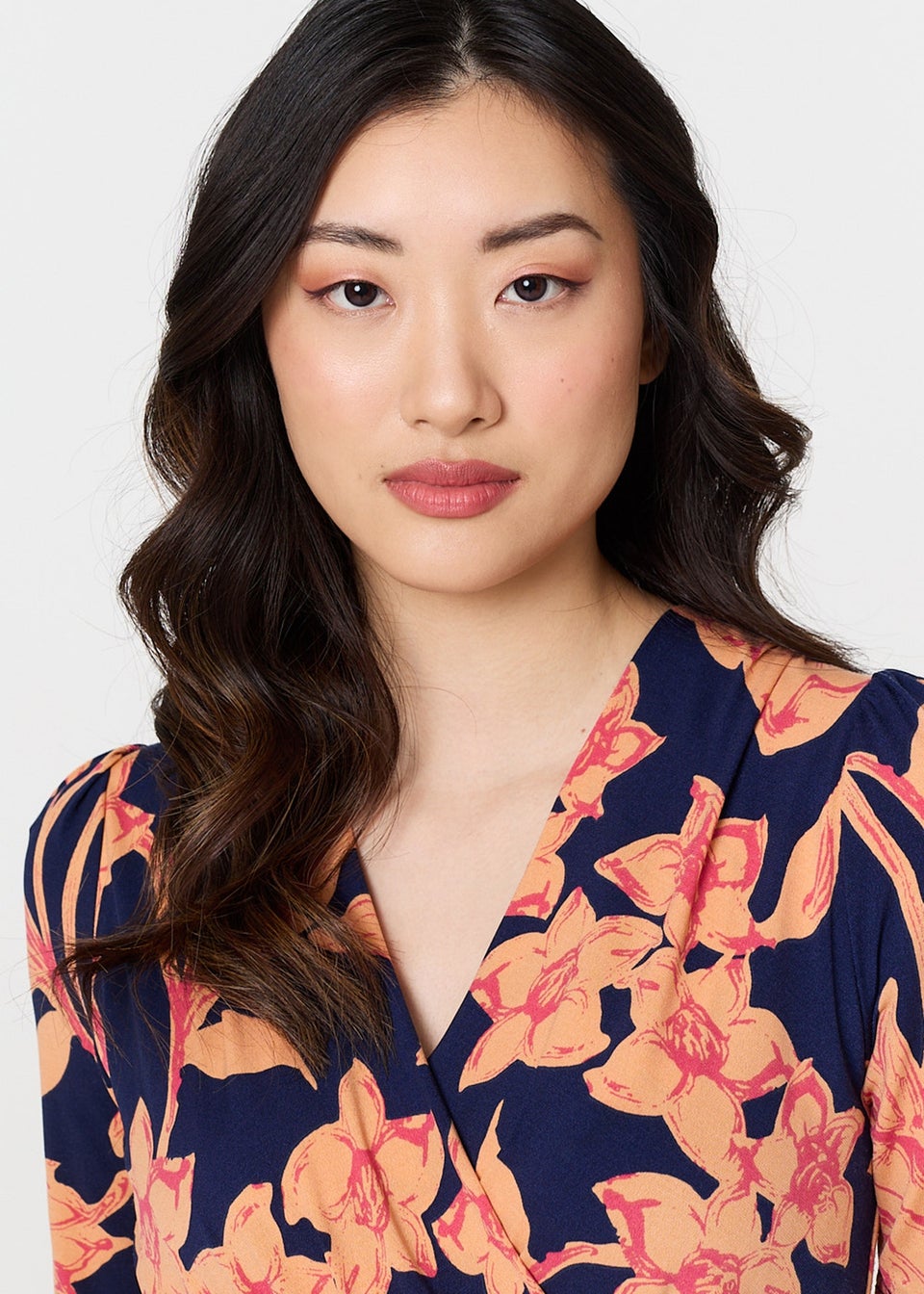 Izabel London Navy Floral 1/2 Sleeve Faux Wrap Midi Dress