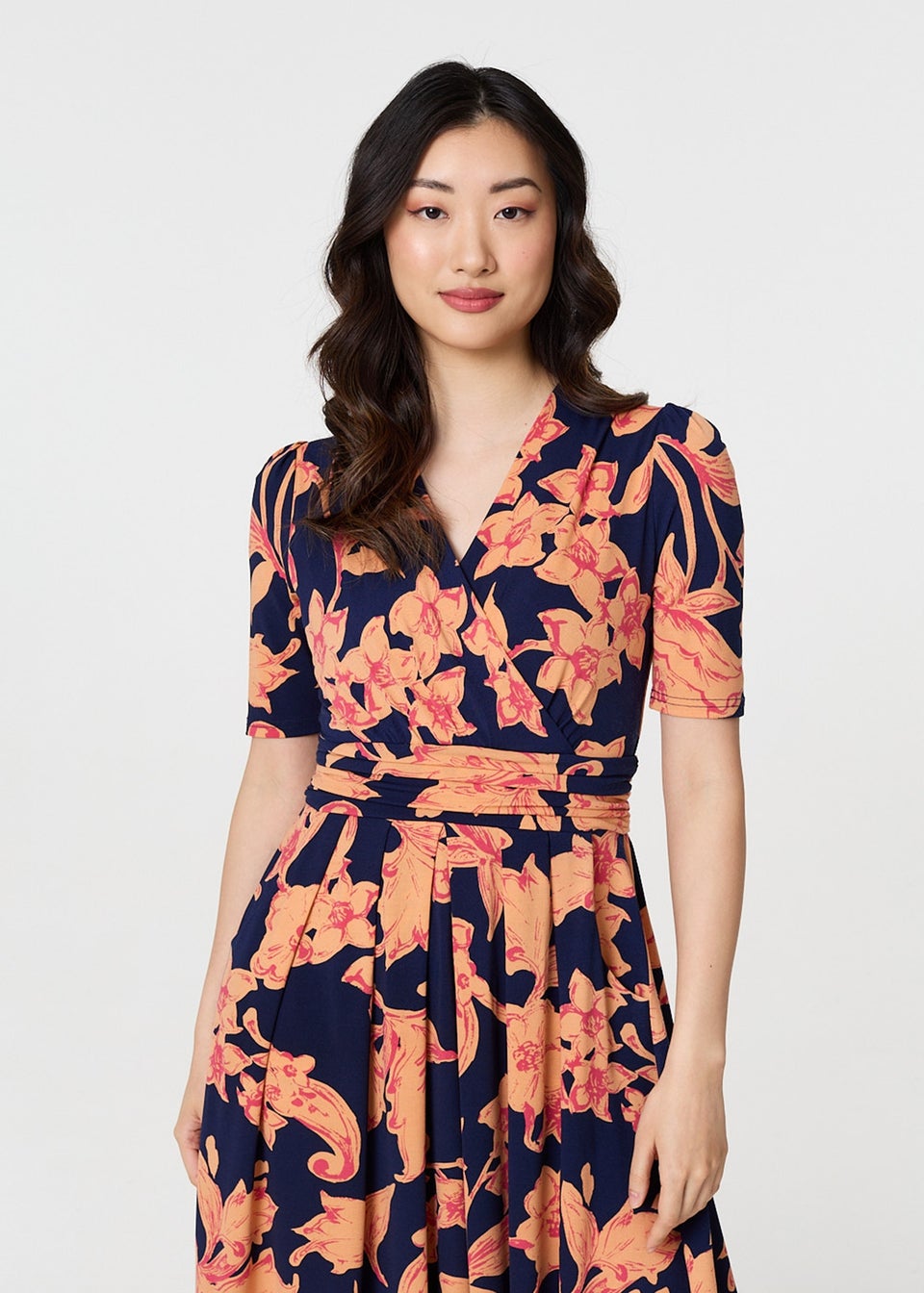 Izabel London Navy Floral 1/2 Sleeve Faux Wrap Midi Dress