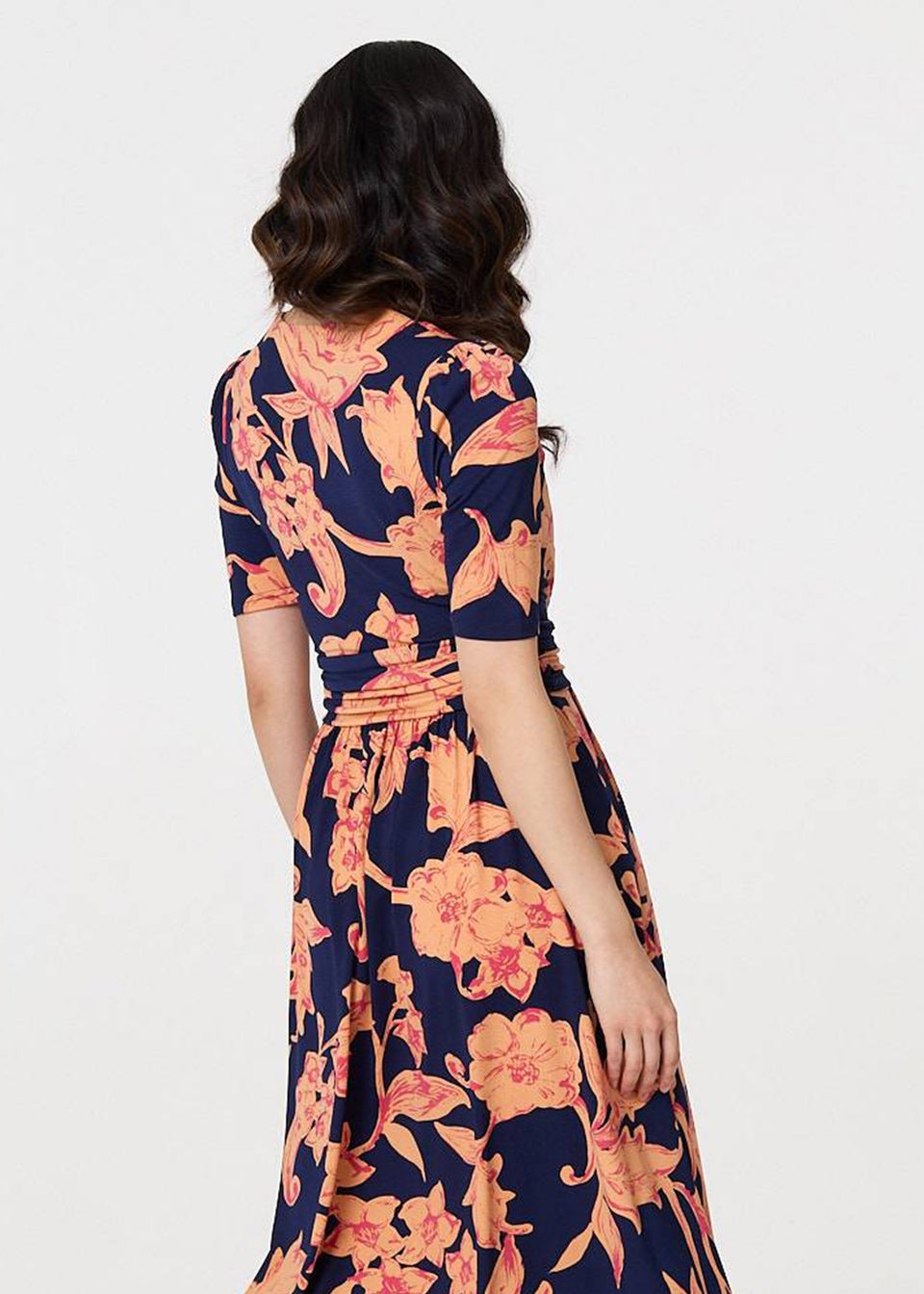 Izabel London Navy Floral 1/2 Sleeve Faux Wrap Midi Dress