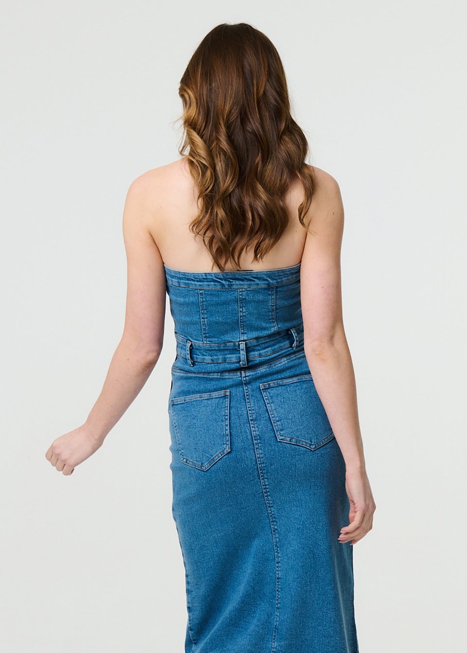 Izabel London Blue Denim Strapless Bodycon Midi Dress