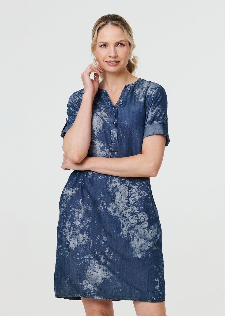 Izabel London Blue Relaxed Turn Up 1/2 Sleeve Short Dress
