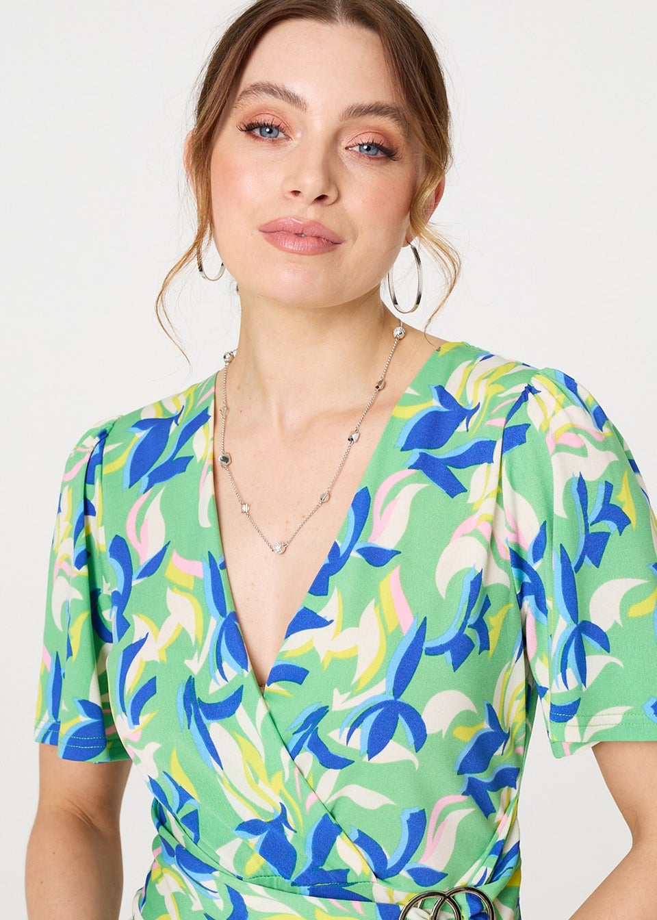 Izabel London Green Printed Belt Detail Wrap Midi Dress