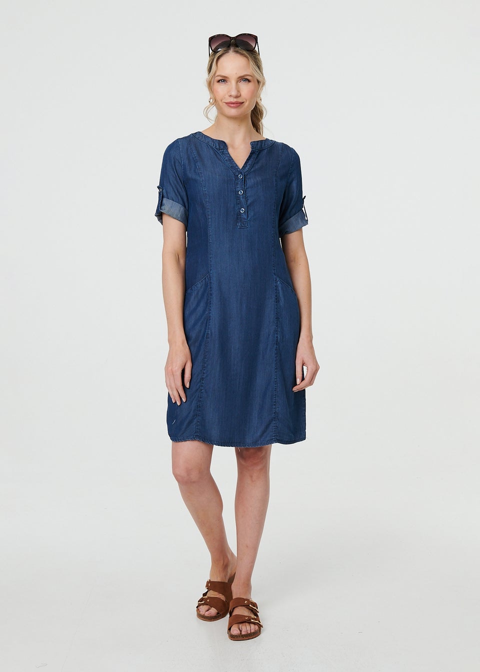 Izabel London Blue Denim Relaxed Button Front Short Dress