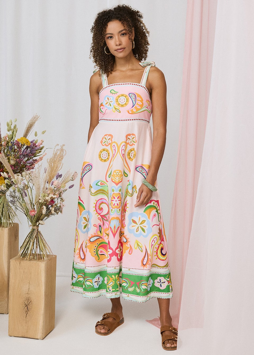 Izabel London White Paisley Print Tie Strap Sleeveless Midi Dress
