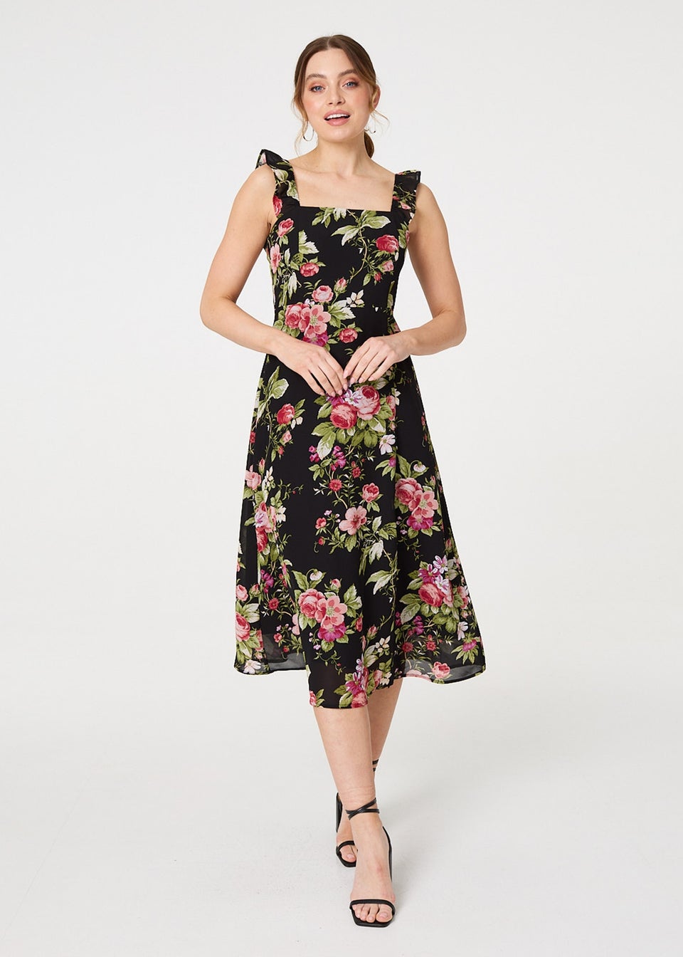 Izabel London Black Floral Frill Sleeveless A Line Midi Dress