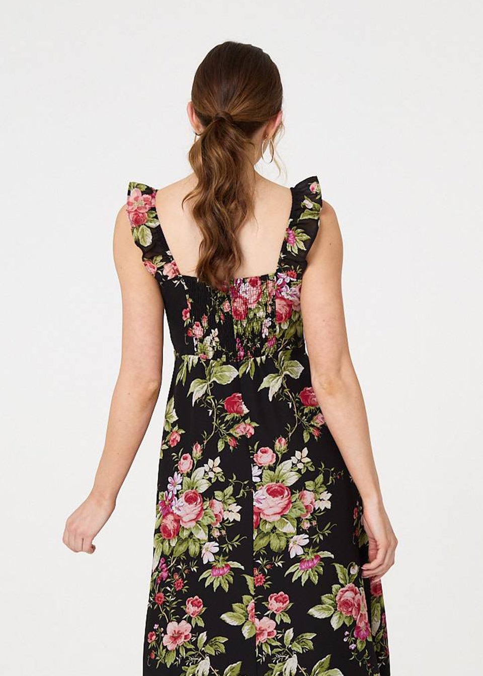 Izabel London Black Floral Frill Sleeveless A Line Midi Dress