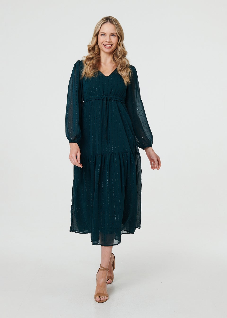 Izabel London Green Sparkly Semi Sheer Long Sleeve Midi Dress
