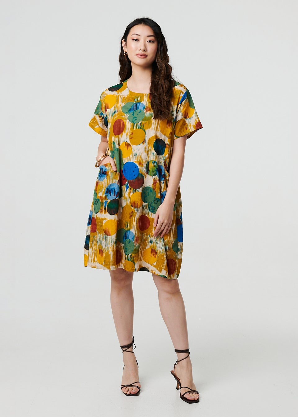 Izabel London Yellow Geo Print Short Sleeve Knee Length Dress