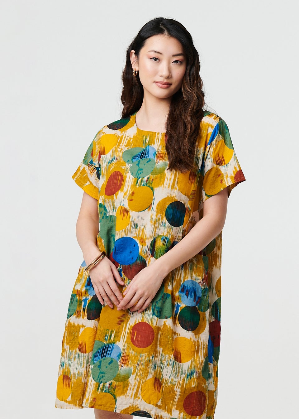 Izabel London Yellow Geo Print Short Sleeve Knee Length Dress