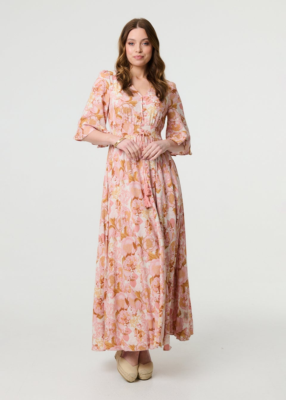 Izabel London Pink Floral 3/4 Flare Sleeve Smock Maxi Dress