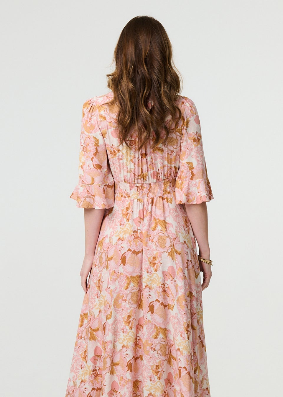 Izabel London Pink Floral 3/4 Flare Sleeve Smock Maxi Dress